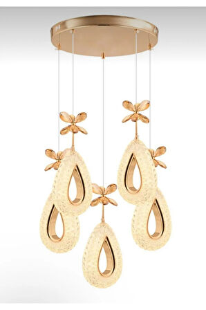 Damla Model 5'li Gold 3 Renk Modu Ledli Kristal Taşlı Modern Salon Mutfak Oturma Odası Led Avize
