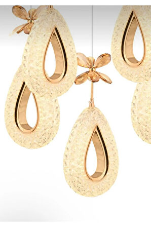 Damla Model 5'li Gold 3 Renk Modu Ledli Kristal Taşlı Modern Salon Mutfak Oturma Odası Led Avize