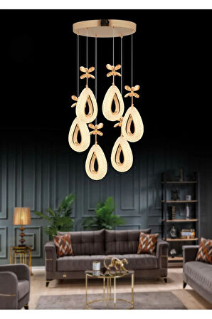 Damla Model 6'li Gold 3 Renk Modu Ledli Kristal Taşlı Modern Salon Mutfak Oturma Odası Led Avize