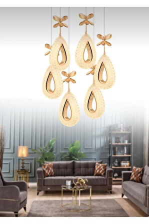 Damla Model 6'li Gold 3 Renk Modu Ledli Kristal Taşlı Modern Salon Mutfak Oturma Odası Led Avize