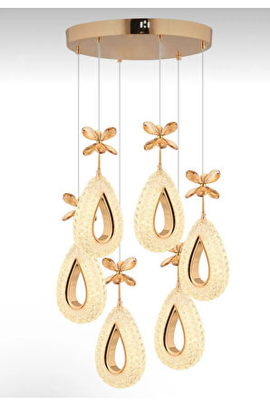 Damla Model 6'li Gold 3 Renk Modu Ledli Kristal Taşlı Modern Salon Mutfak Oturma Odası Led Avize