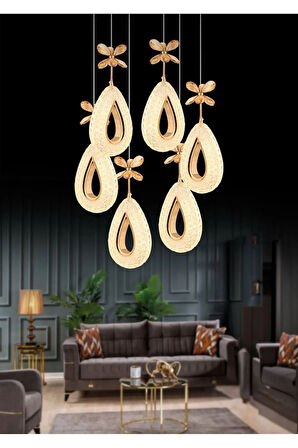 Damla Model 6'li Gold 3 Renk Modu Ledli Kristal Taşlı Modern Salon Mutfak Oturma Odası Led Avize