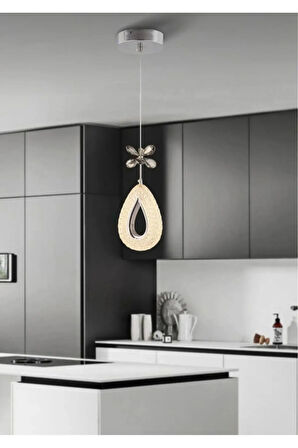 Damla Model Krom 3 Renk Modu Ledli Kristal Taşlı Modern Salon Mutfak Oturma Odası Led Avize