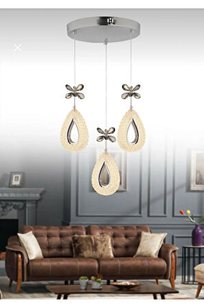 Damla Model 3'lü Krom 3 Renk Modu Ledli Kristal Taşlı Modern Salon Mutfak Oturma Odası Led Avize