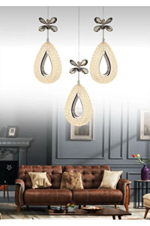 Damla Model 3'lü Krom 3 Renk Modu Ledli Kristal Taşlı Modern Salon Mutfak Oturma Odası Led Avize