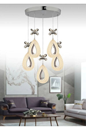 Damla Model 5'li Krom 3 Renk Modu Ledli Kristal Taşlı Modern Salon Mutfak Oturma Odası Led Avize
