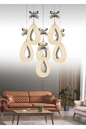 Damla Model 6'lı Krom 3 Renk Modu Ledli Kristal Taşlı Modern Salon Mutfak Oturma Odası Led Avize