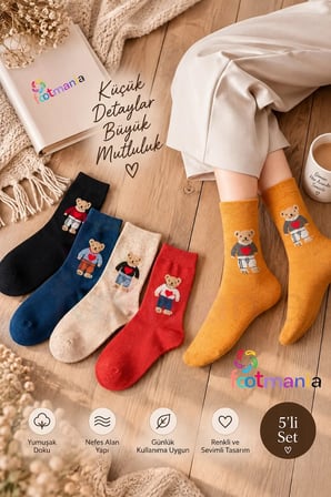 Kadın Kışlık 5 Çift Havlu Thermal Teddy Desenli Çorap