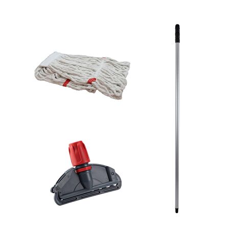 Dar Yedek Islak Mop Takımı - 3 Adet Beyaz 350 Gr. 17 Cm. Islak Mop + Metal Sap + Mop Tutucu