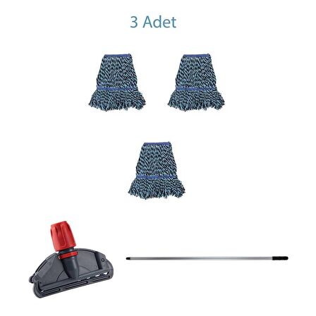 Çift Kovalı Temizlik Arabası Seti Yedek Mop Takımı - 3 Adet 17 Cm. Dar Mop + Mop Tutucu + Sap