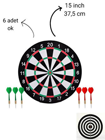 15 İnç Dart Tahtası  Büyük Boy Çift Taraflı Dart Oyun Seti 6 Oklu 