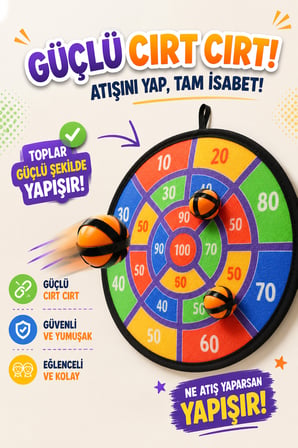 Cırt Cırtlı Top Dart Oyunu Seti Eğlenceli Hedef Tahtası 3 Toplu Dart Atış Oyunu Seti 36cm HED709