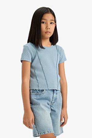 Kız Çocuk Slim Fit Dar Kesim Bisiklet Yaka Basic Düz Ribana Kısa Kollu Tişört