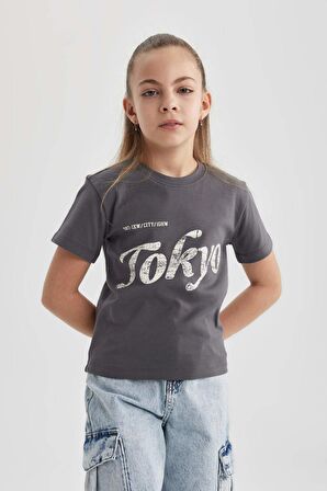 DeFacto Kız Çocuk Slim Fit Dar Kesim Bisiklet Yaka Fitilli Kaşkorse Baskılı Kısa Kollu Tişört B5101A824SMAR148
