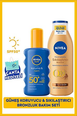 NIVEA SUN Güneş Koruyucu Vücut Spreyi 200ml SPF50 ve Q10 Sıkılaştırıcı Bronzluk Losyon 200ml, Çanta Hediye