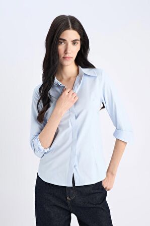 Fitted Basic Düz Bengalin Uzun Kollu Gömlek