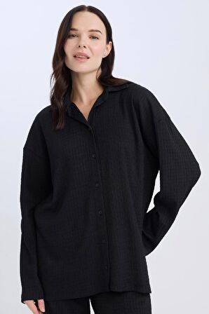 DeFacto Relax Fit Gömlek Yaka Bürümcük Uzun Kollu Siyah Gömlek D7520AX24AUBK81
