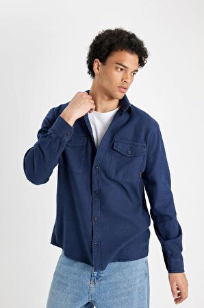 DeFacto %100 Pamuk Regular Fit Polo Yaka Basic Düz Uzun Kollu Gömlek B2654AX24AUNV147