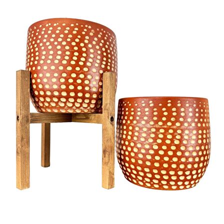 Ev Dekorasyon Aksesuar Beyaz Nokta Desenli Toprak Saksı Saksılık Salon Çiçeklik İkili Set Ayaksız - 3 Ayaklı- 19 CM