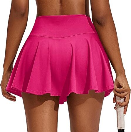 Pembe Yüksek Bel Tenis Etek - DARKALIP Şort Etek - Cepli Mini Spor Etek- İçi Taytlı Çift Katman