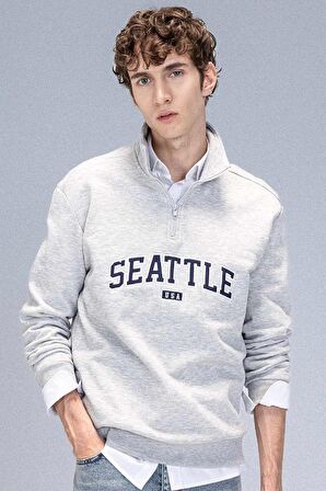 Relax Fit Fermuarlı Dik Yaka Baskılı Kalın Sweatshirt Kumaşı Sweatshirt