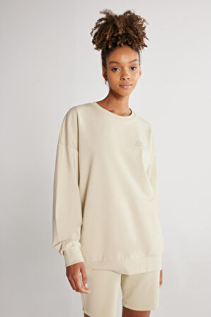 Unisex Bej Oversize Bol Kesim Bisiklet Yaka Pamuklu Esnek Sweatshirt