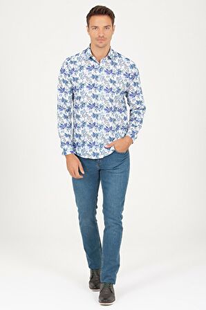 Slim Fit Mavi Baskılı Spor Gömlek | S
