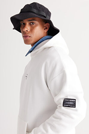 Erkek Beyaz Oversize Fit Bol Kesim Kapüşonlu Içi Polarlı 3 Iplik Pamuklu Sweatshirt