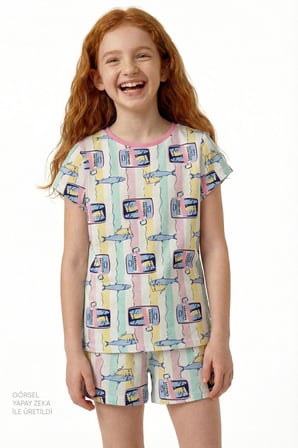 Kız Çocuk Pastel Sarı Sardines Cat Kısa Kollu 2'li Pijama Takımı