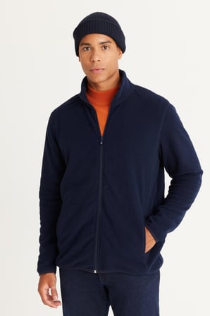 Erkek Lacivert Anti-pilling Tüylenme Yapmayan Standart Fit Bato Yaka Sweatshirt Polar Ceket