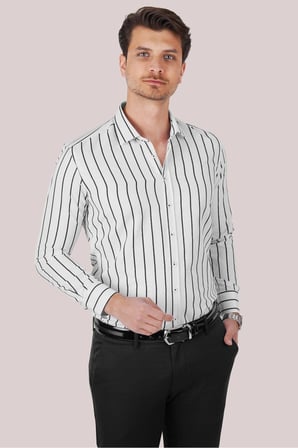 Beyaz Siyah Çizgili Slimfit Oduncu Gömlek