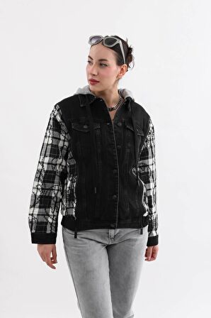 Kadın Fermuar Detaylı Kapüşonlu Jean Ceket