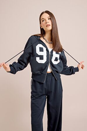 DeFacto Coool Oversize Geniş Kalıp Kapüşonlu Baskılı Kalın Fermuarlı Sweat Hırka E5462AX25SMNV241