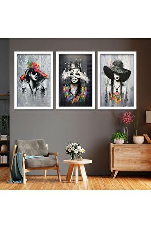 Gold Aynalı Pleksi Çerçeveli Mavi Kelebek Kadın Üçlü Mdf Tablo Seti