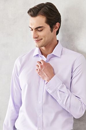 Erkek Lila Slim Fit Dar Kesim %100 Pamuk Armürlü Klasik Non-ıron Gömlek