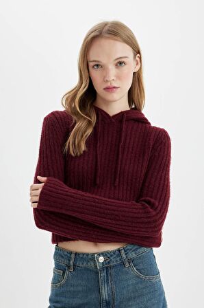 DeFacto Regular Fit Basic Düz Kapüşonlu Crop Triko Kazak C7333AX24WNBR304