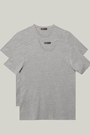 Erkek Gri Slim Fit Dar Kesim V Yaka 2'li Tişört Paketi