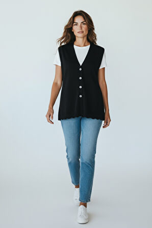 KADIN ÖNÜ DÜĞMELİ CEPLİ KALIN KIŞLIK KISA YELEK