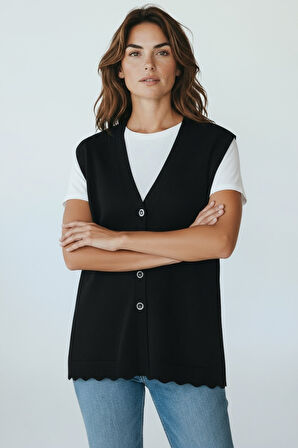 KADIN ÖNÜ DÜĞMELİ CEPLİ KALIN KIŞLIK KISA YELEK