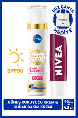 NIVEA Luminous630 Thiamidol Etkili Leke Karşıtı Gündüz Kremi 40ml ve Böğürtlen Nemlendirici Dudak Kremi, Çanta Hediye