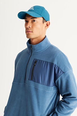 Erkek Indigo Oversize Bol Kesim Bato Yaka Cep Detaylı Fermuarlı Isı Tutan Polar Sweatshirt