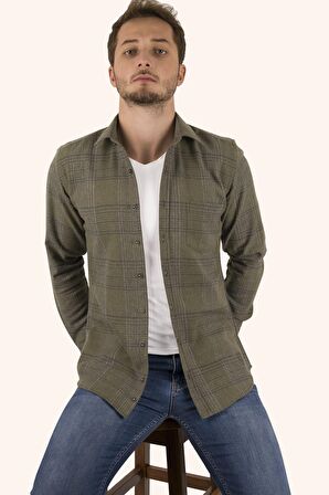 Haki Çizgili Slimfit Oduncu Gömlek