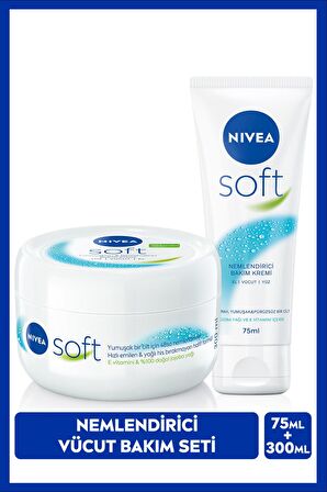 Nivea Soft Nemlendirici Bakım Kremi 300ml ve Soft Krem 75ml, El Yüz Vücut, E Vitamini, Yumuşak Cilt,Jojoba