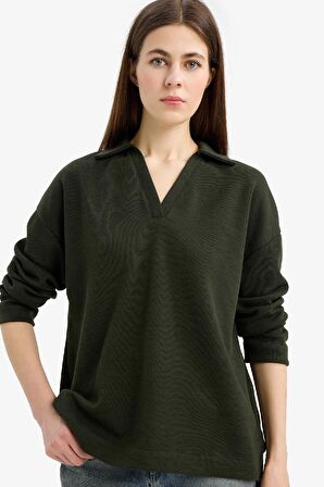 DeFacto Relax Fit Polo Yaka Basic Düz Uzun Kollu Tişört E8681AX25SPKH210