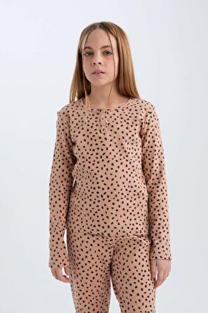 DeFacto Kız Çocuk Pijama Takımı Fitilli Kaşkorse Desenli Bisiklet Yaka Uzun Kollu Üst Uzun Alt D7748A824WNBG389