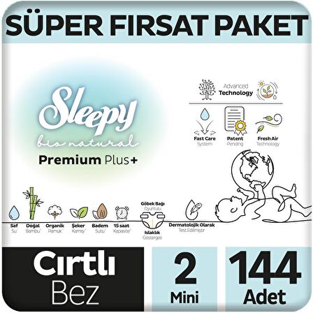 Sleepy Bio Natural Premium Plus Süper Fırsat Paketi Bebek Bezi 2 Numara Mini 144 Adet