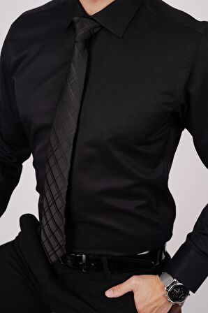 Gömlek Kravat Seti ( sunda Siyah Baklava Desenli Kravat & Siyah Armür Slimfit Gömlek)