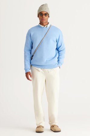 Erkek Açık Mavi Oversize Bol Kesim Içi Polarlı 3 Iplik Bisiklet Yaka Pamuklu Sweatshirt