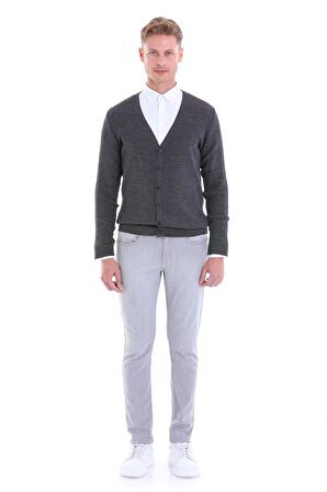 Gri V Yaka Regular Fit Yünlü Triko Hırka | M