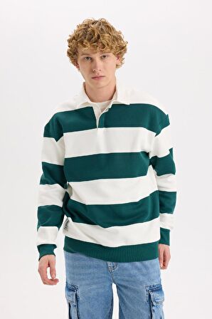 Boxy Fit Polo Yaka Çizgili Sweatshirt
